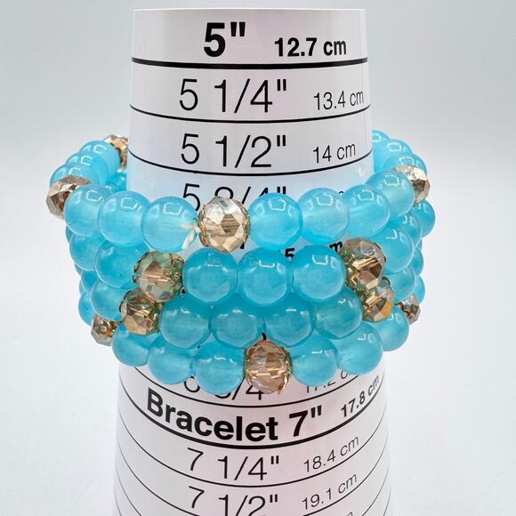 Blue Glass Bead Stretch Bracelet Stack Of 4 Champagne Crystals One Size Fits All - Picture 6 of 6